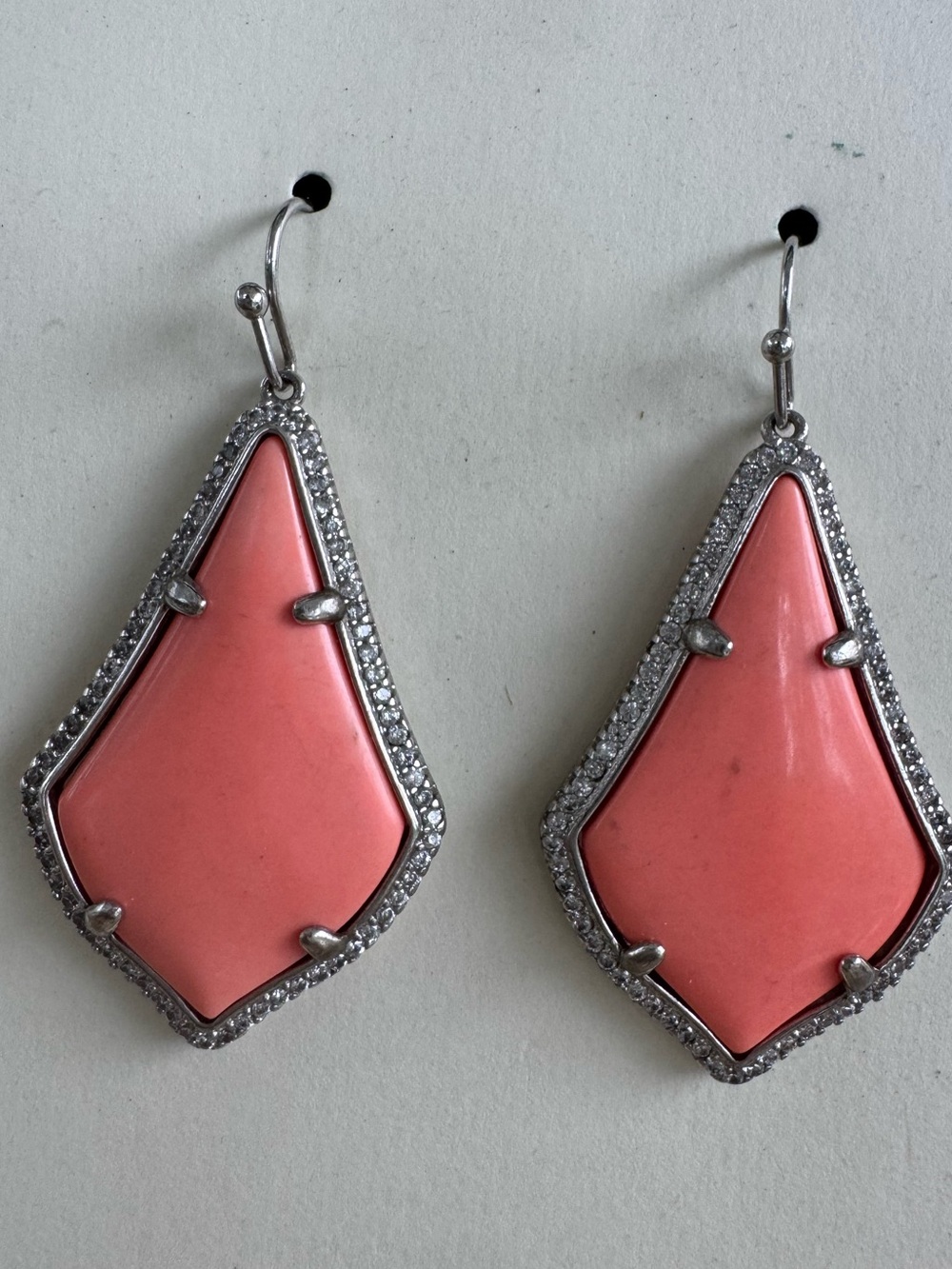 Kendra Scott Alex Silver, Peach Pink, & Crystal Halo Drop Earrings
